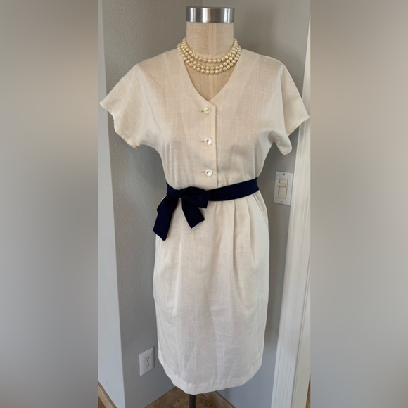 Vintage Homemade Dress with Navy Belt and Polka Dot Scarf - Picture 7 of 8